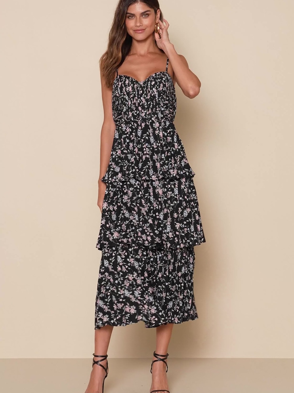 LULUS Black Pink Floral Tiered Maxi Midi Bustier Dress Party Wedding Sz Medium